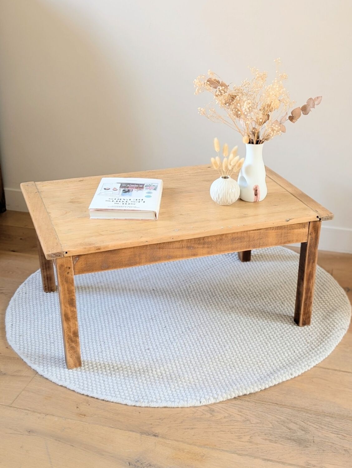 Antique solid wood coffee table with drawer.