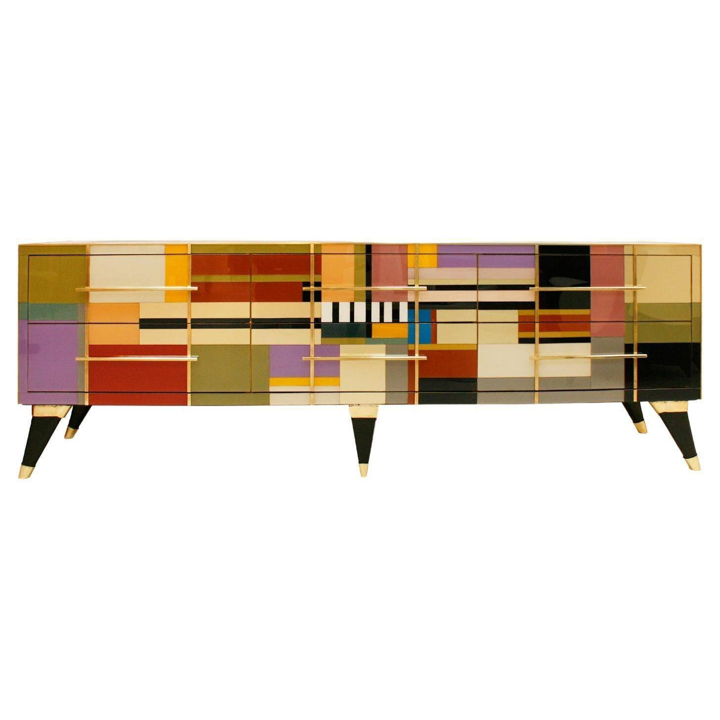 Mid Modern Style Italian Sideboard, Solid Wood & Colored Glass, Six Drawers