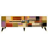 Mid Modern Style Italian Sideboard, Solid Wood & Colored Glass, Six Drawers