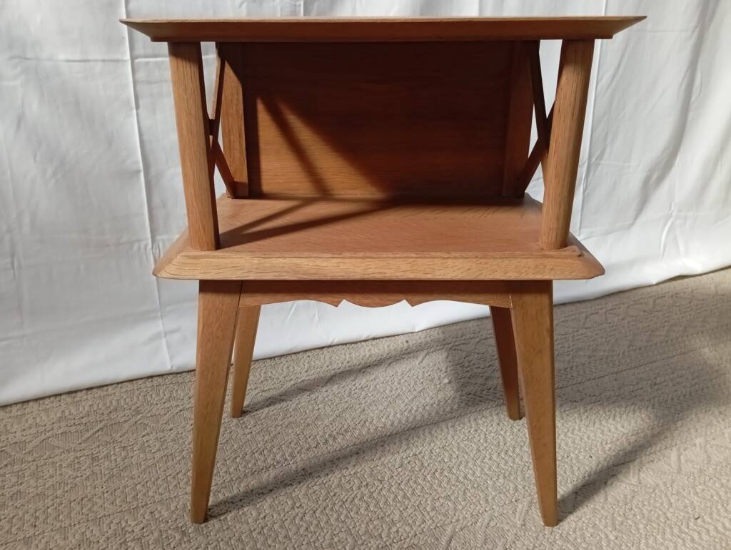 1950s oak bedside table with crossbars