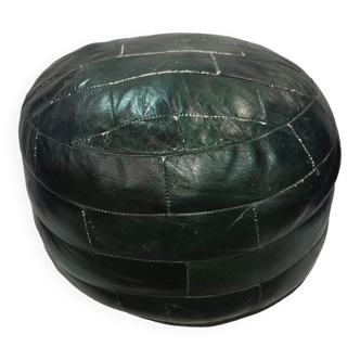 Leather pouf, patinated green old vintage patchwork