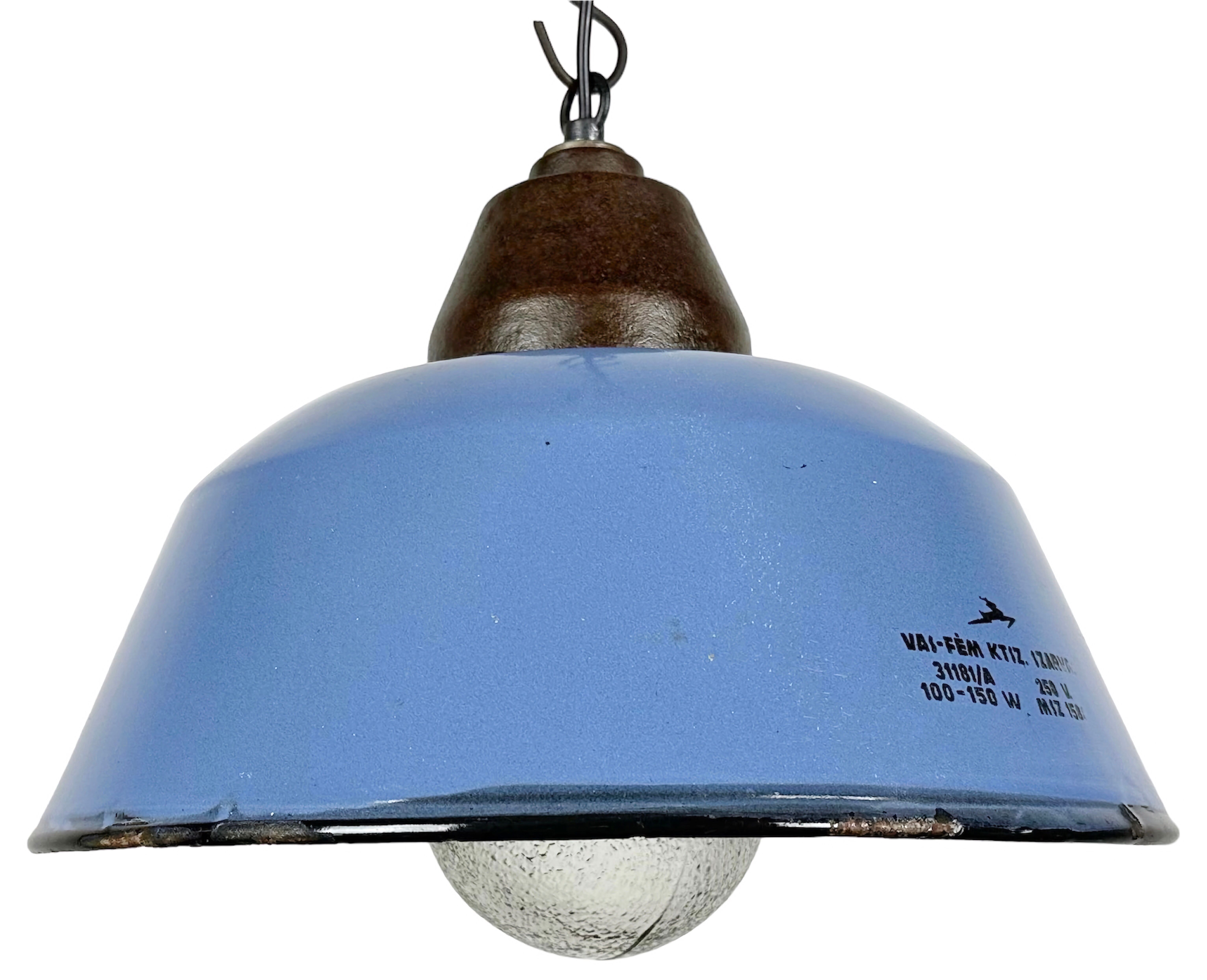 Industrial Blue Enamel and Cast Iron Pendant Light with Glass Cover, 1960s