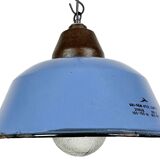 Industrial Blue Enamel and Cast Iron Pendant Light with Glass Cover, 1960s