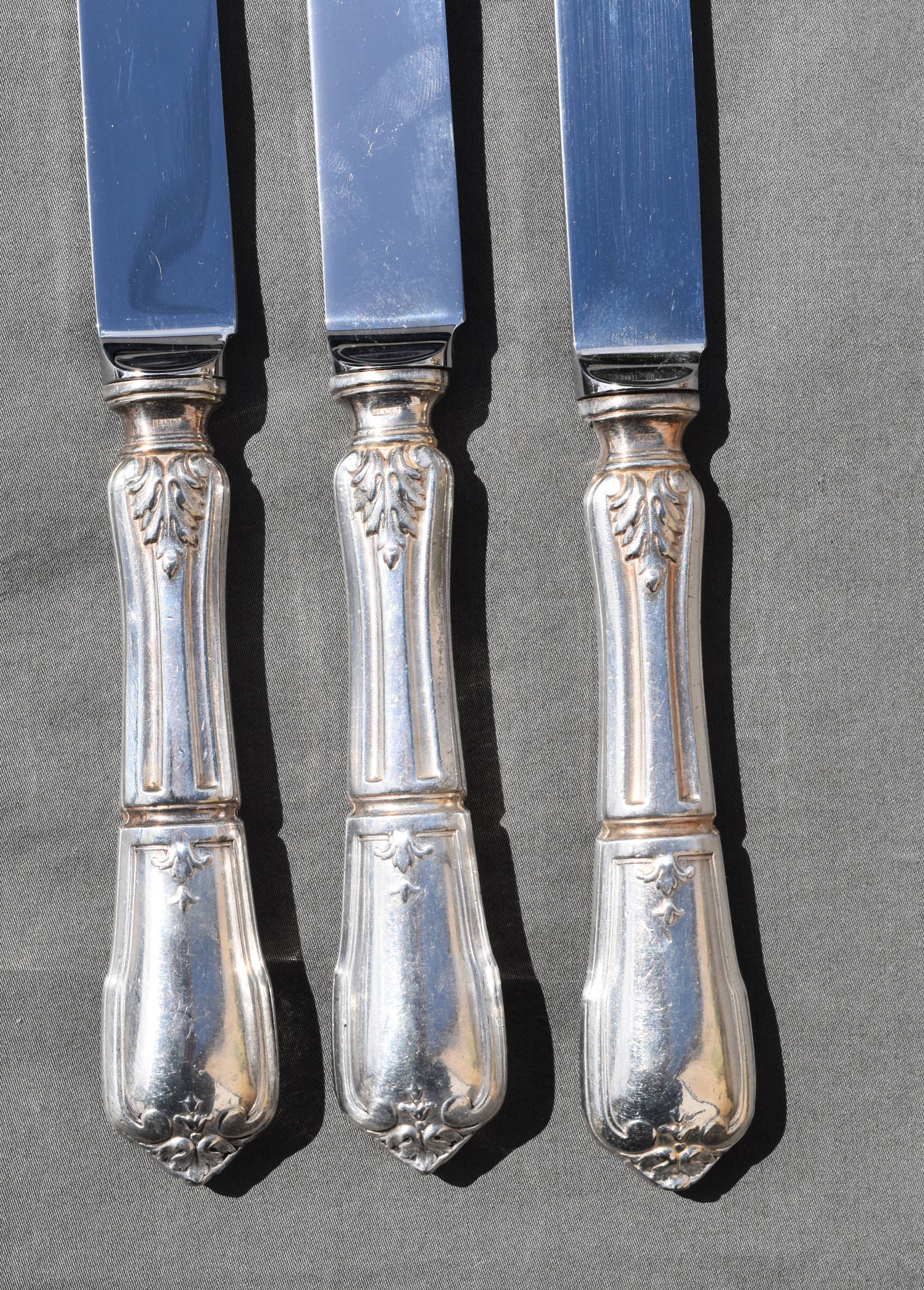 12 table knives in silver metal decor rocaille louis xv