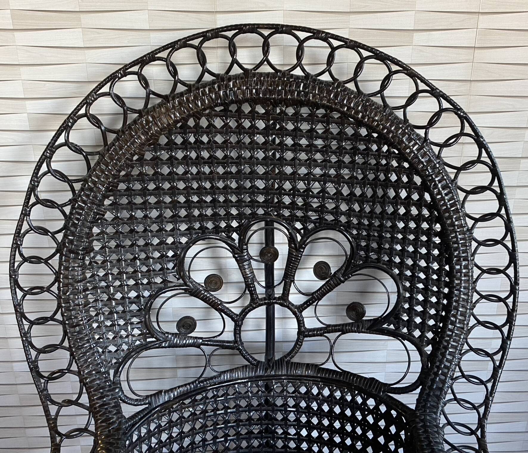 Emmanuelle armchair, peacock tail, rattan, wenge, vintage, 70s