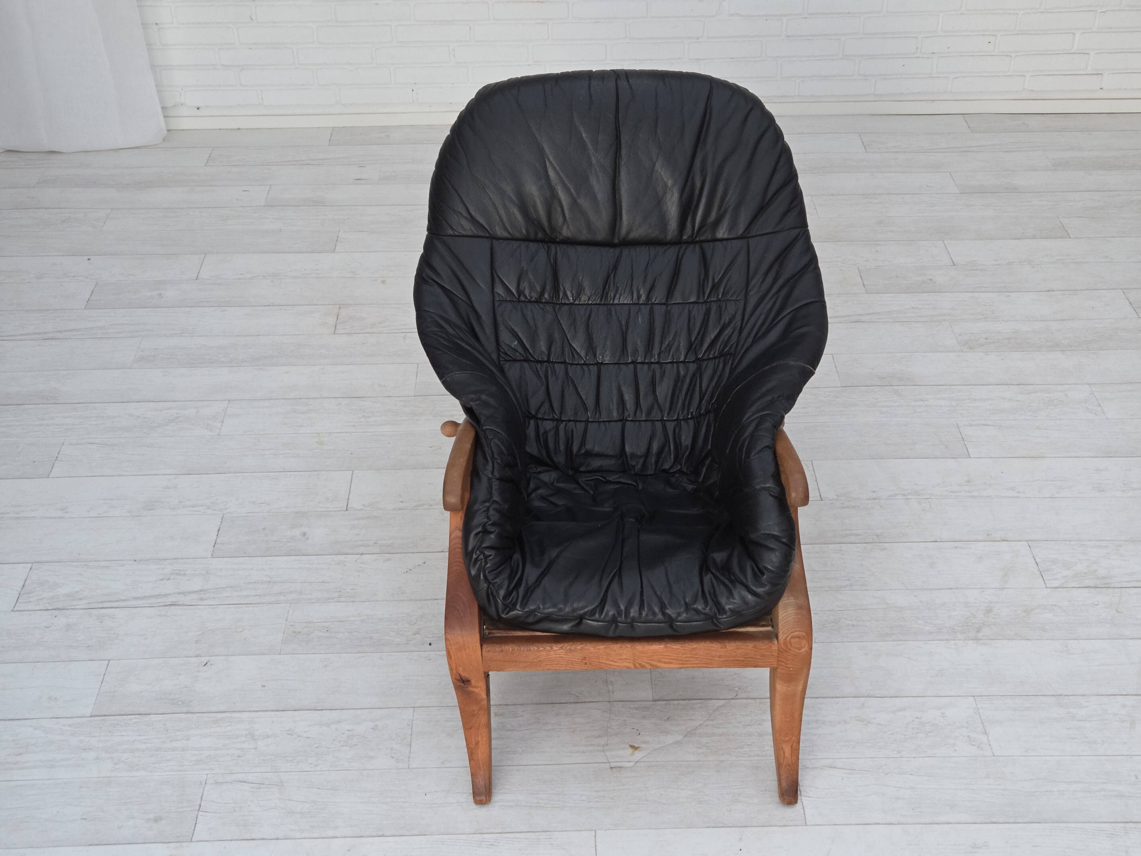 1950s, vintage adjustable armchair, black leather, ash wood.