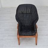 1950s, vintage adjustable armchair, black leather, ash wood.
