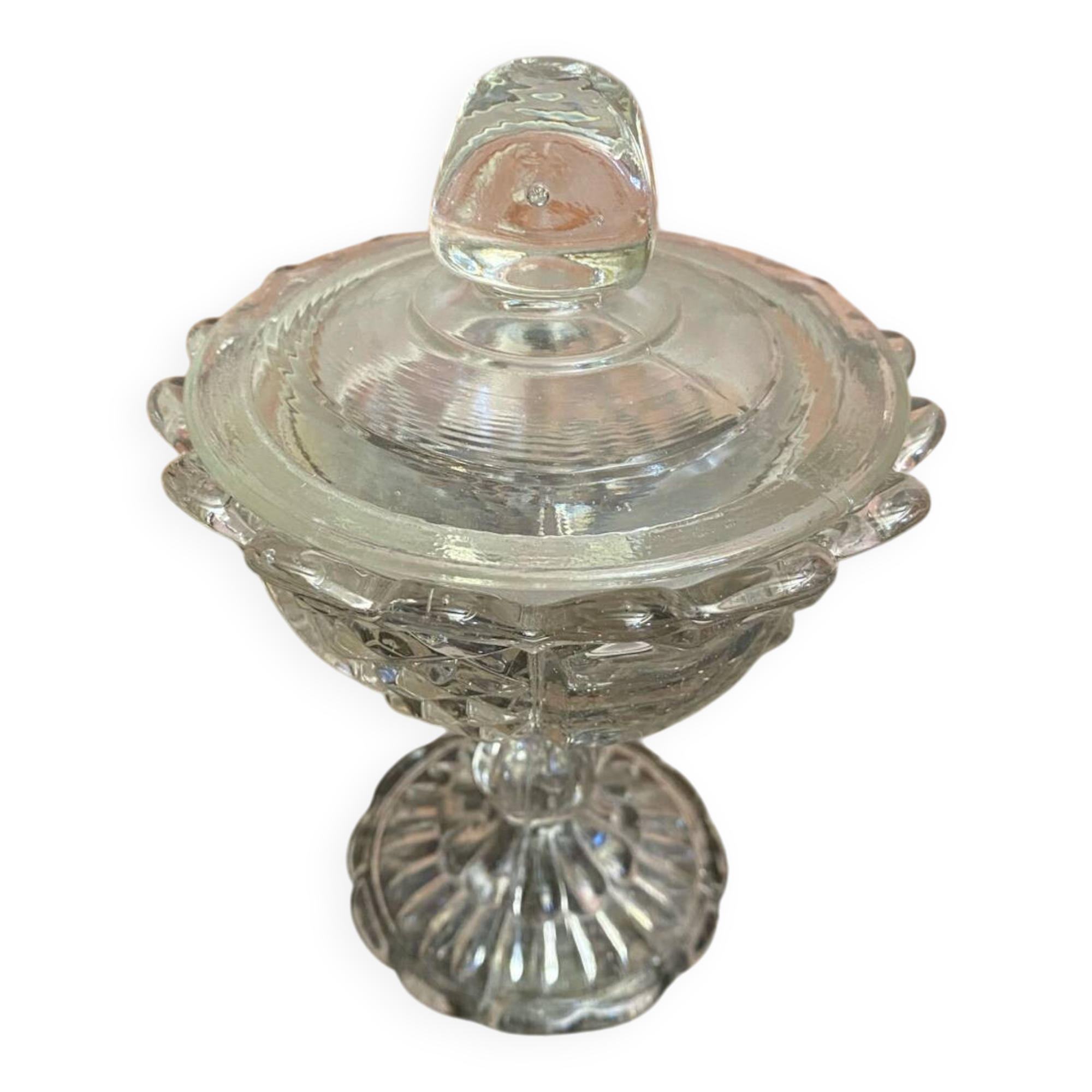 Antique glass candy dish, sugar bowl, footed, vintage molded glass