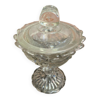 Antique glass candy dish, sugar bowl, footed, vintage molded glass