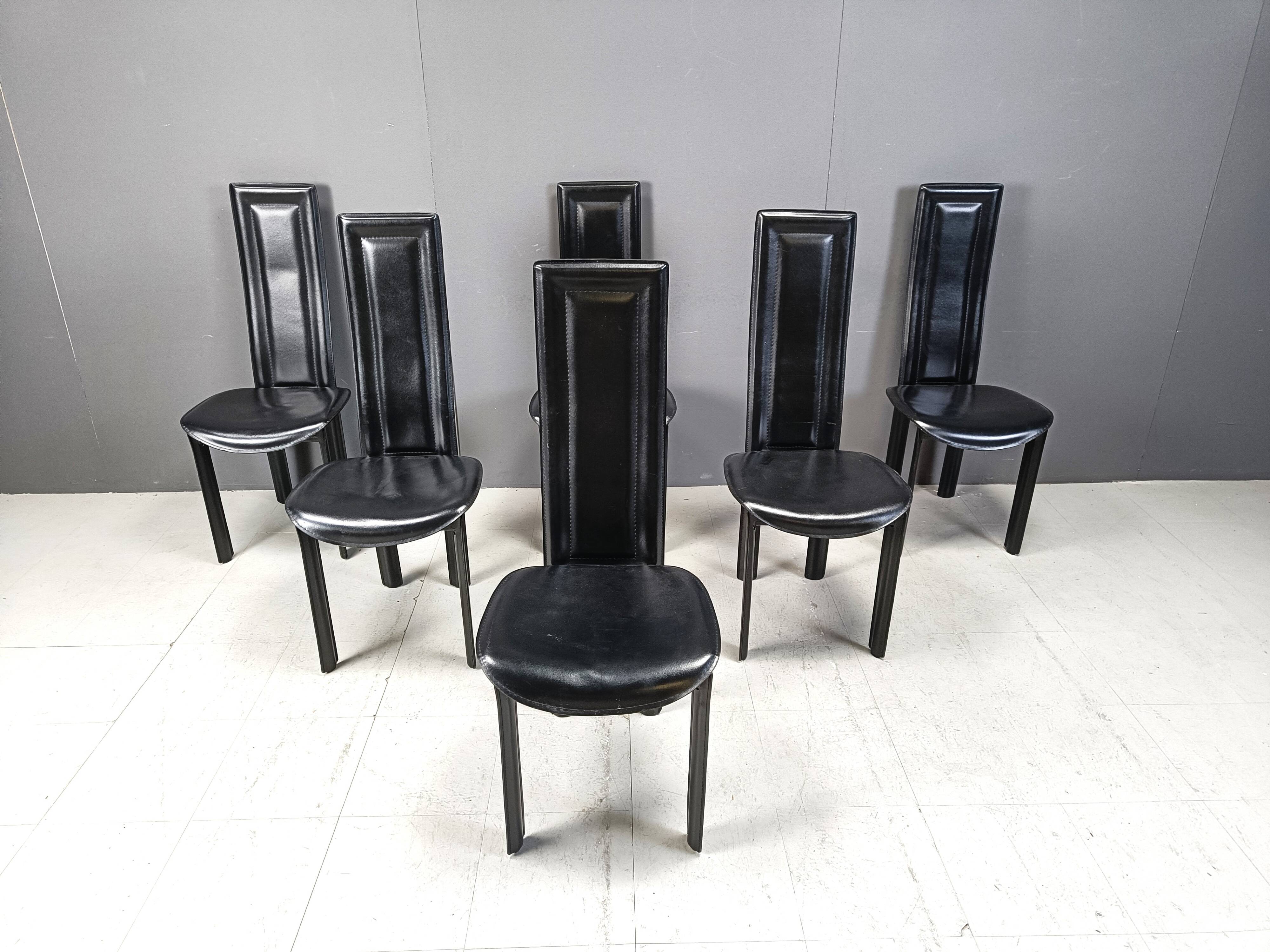 Vintage high back italian leather dining chairs, 1980s
