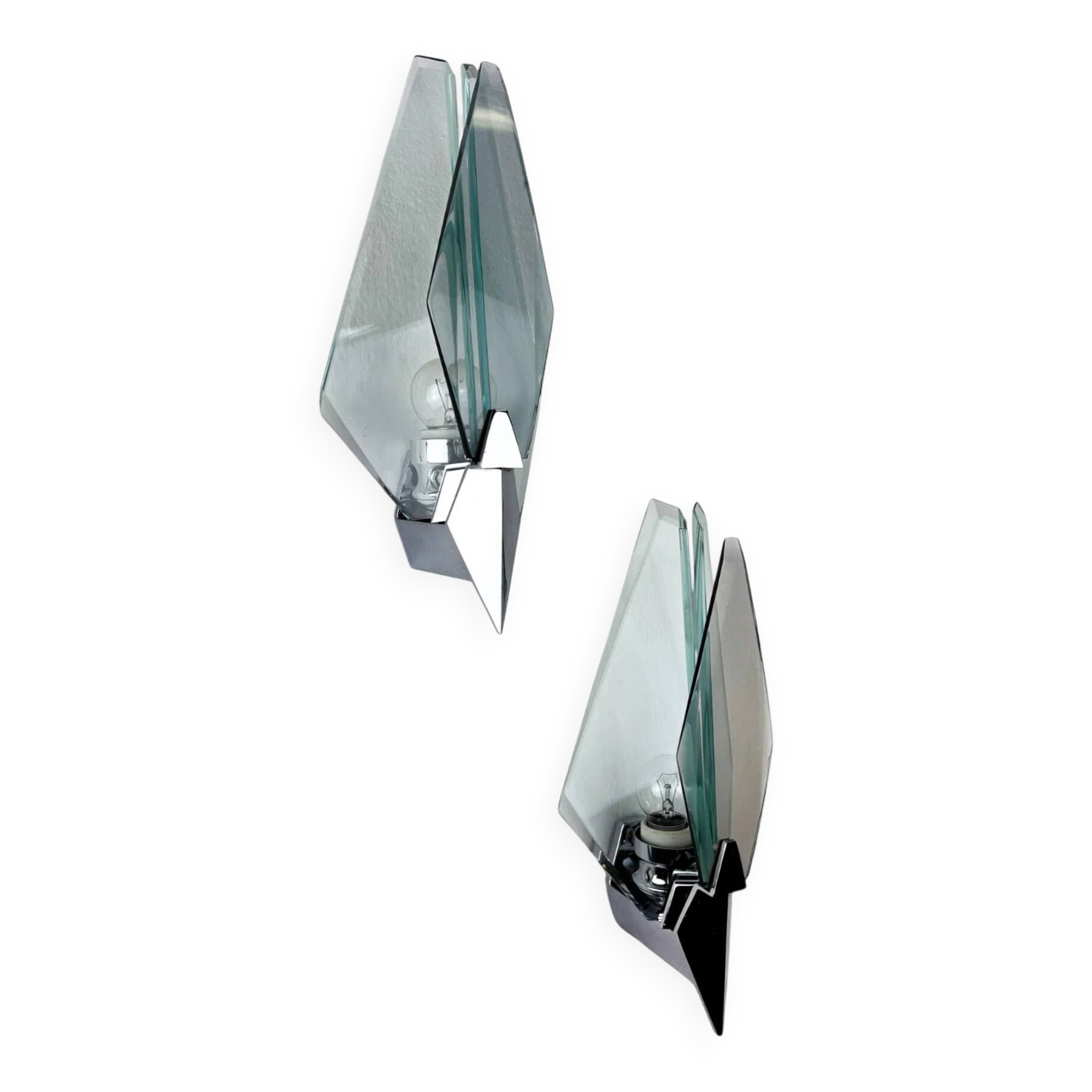 Pair of Veca sconces, Murano blue cut glass & black lucite, Italy, circa 1970s