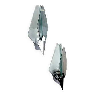 Pair of Veca sconces, Murano blue cut glass & black lucite, Italy, circa 1970s