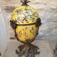 Large covered box in yellow earthenware with polychrome enamels and brass from the 20th century.
