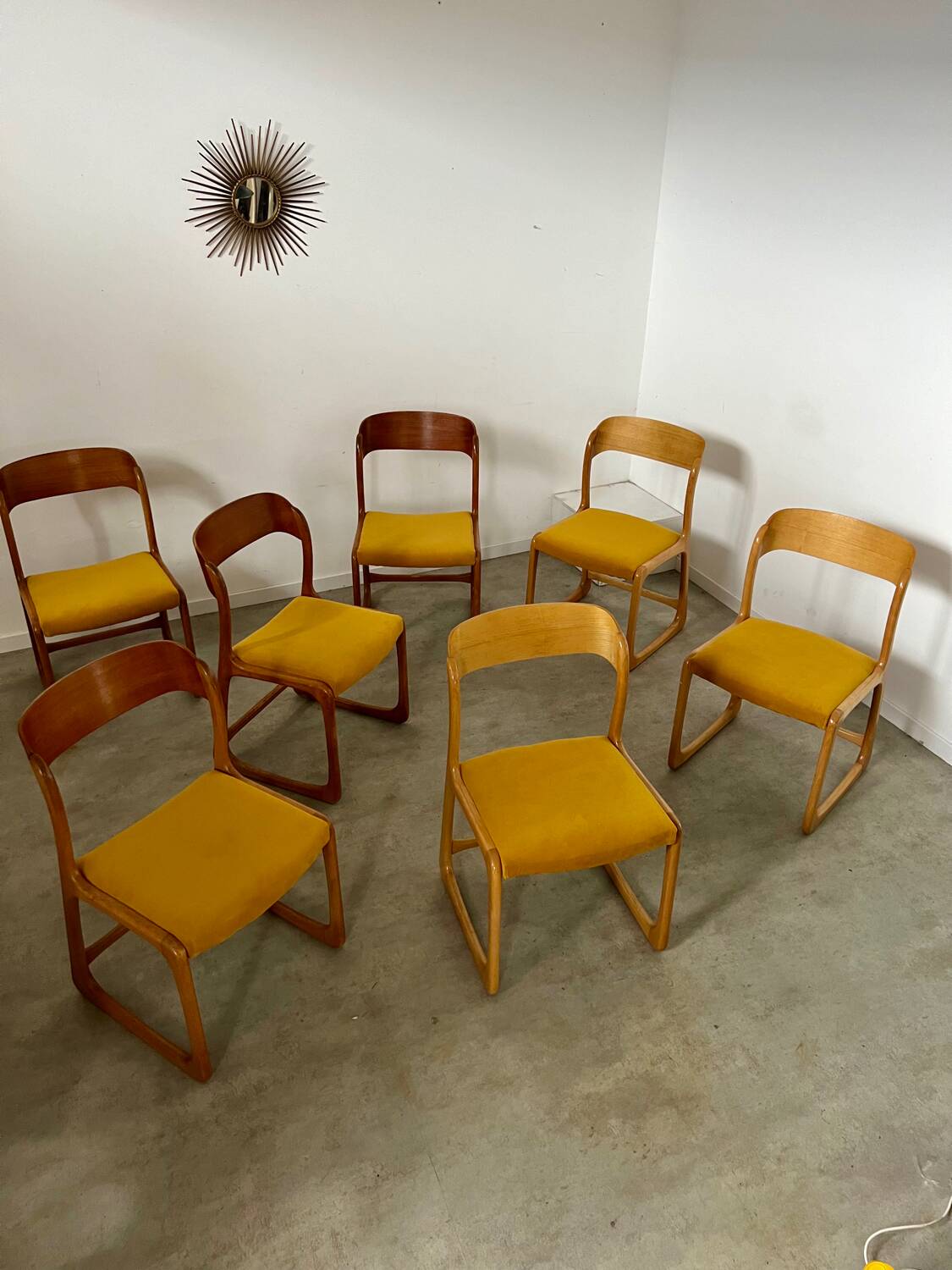 Set of 7 Baumann sled chairs in wood and mustard yellow fabric, 1960s