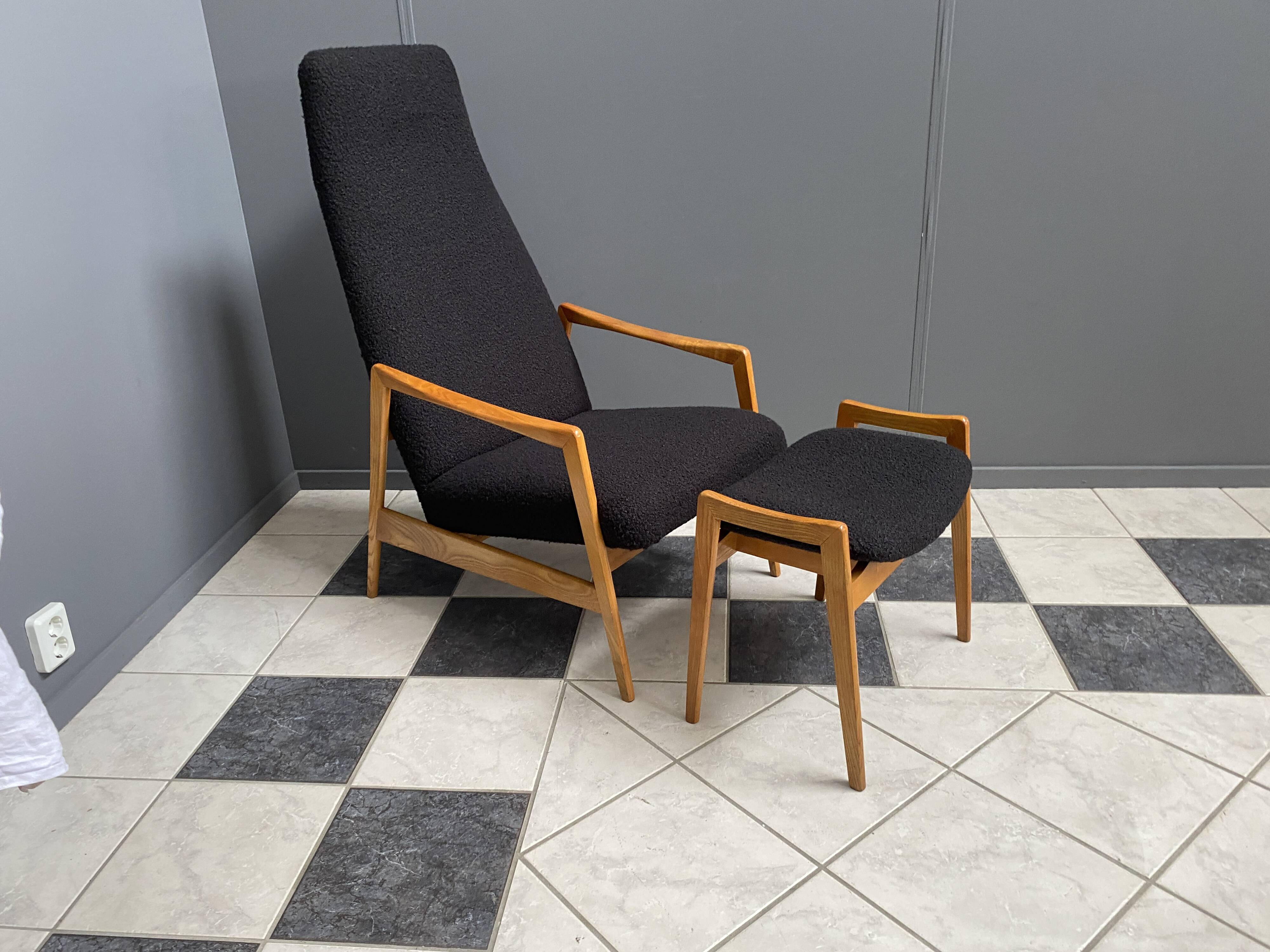 Highback chair with ottoman in black boucle