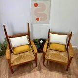 Pair of wooden and straw armchairs