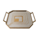 Vintage octagonal stainless steel serving tray, brass border, 1970s.