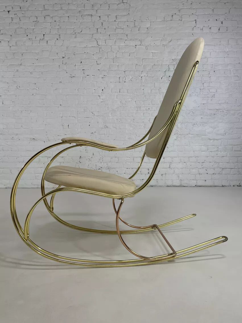 60s rocking chair in brass and ecru faux leather
