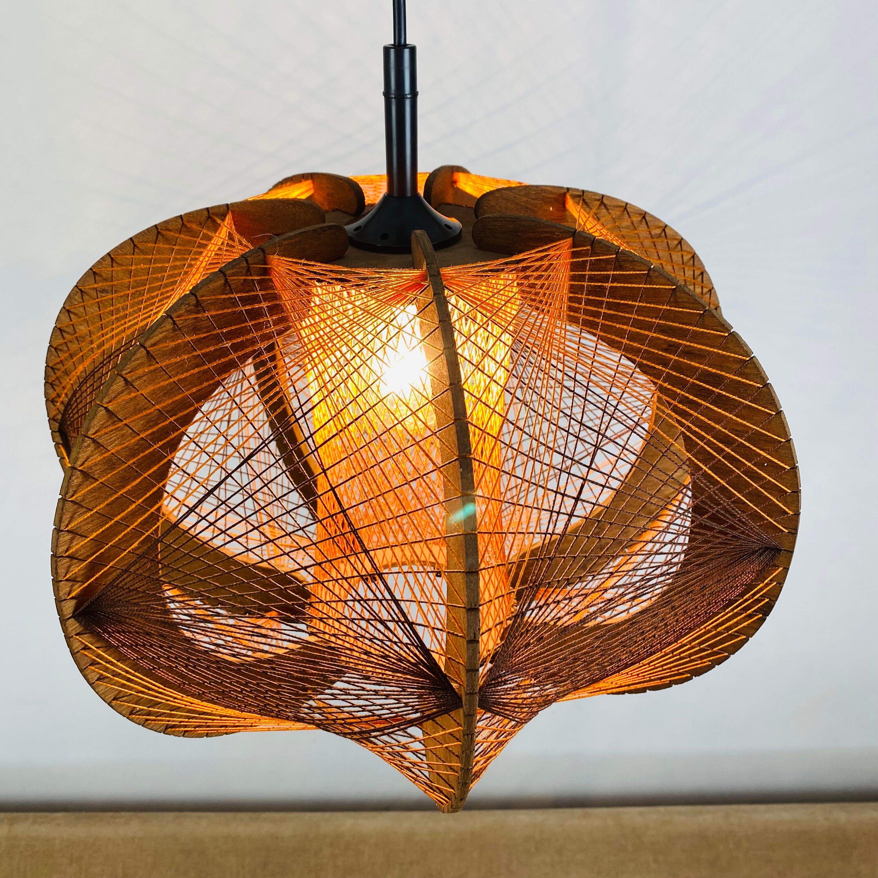Scandinavian suspension lamp wood and wire 70s