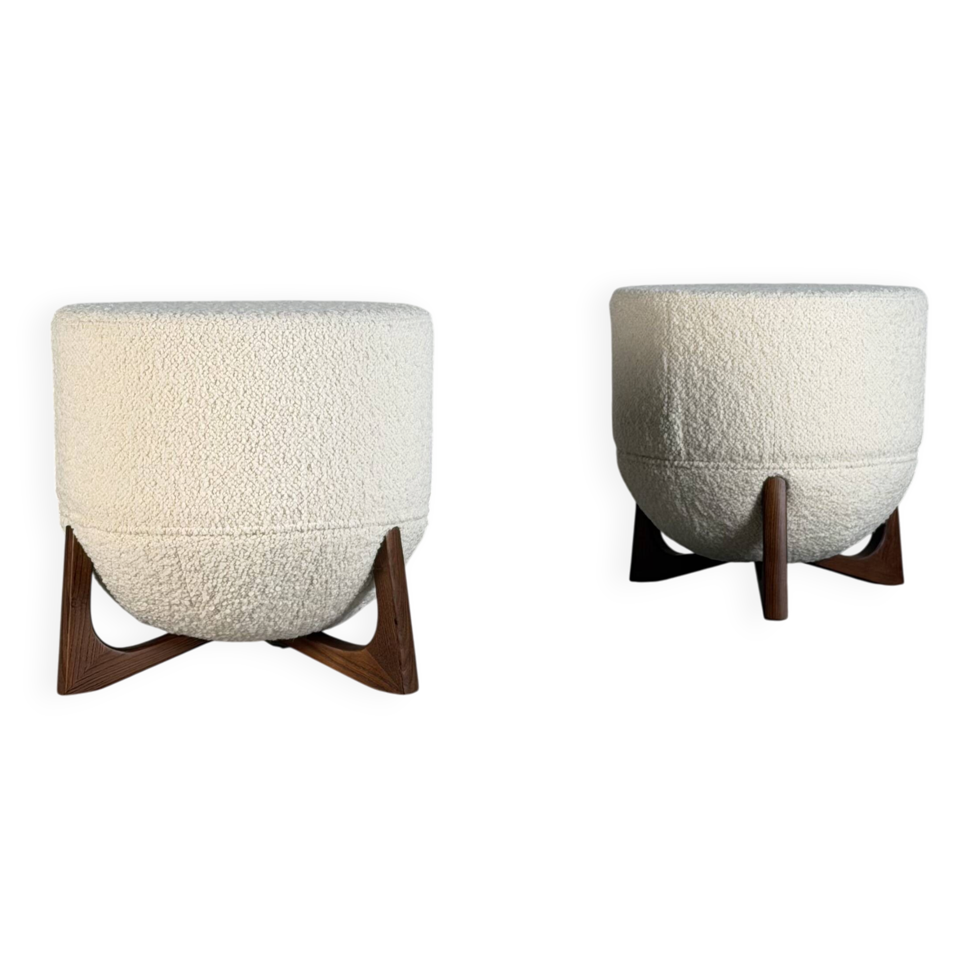 TOTEMO stools by FORME with ivory Dedar bouclé upholstery and walnut legs.