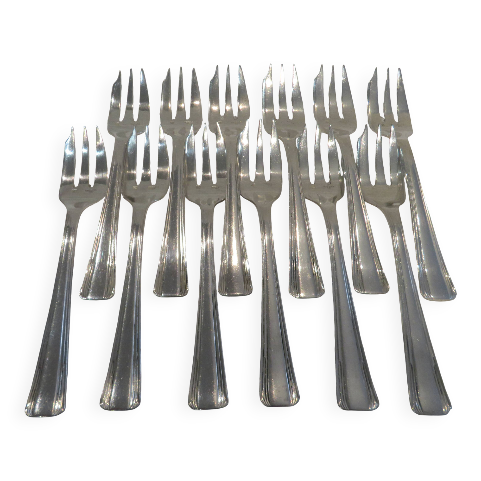 12 silver plated cake forks, Ercuis Compiègne, 13.7cm