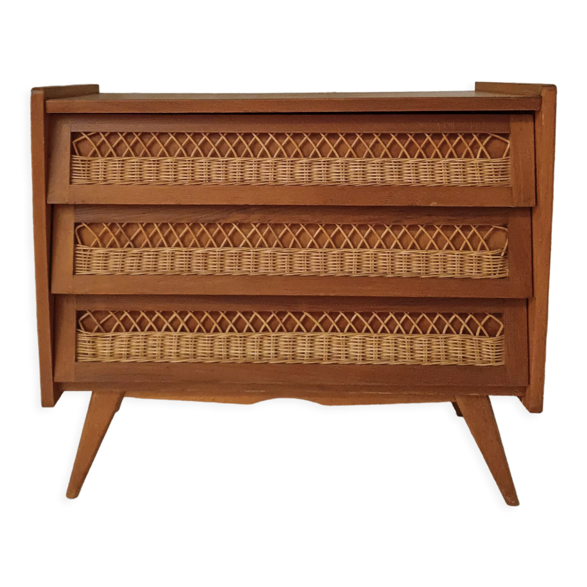Vintage wooden and rattan chest of drawers in the 60s