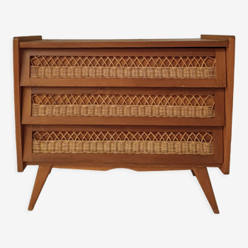 Vintage wooden and rattan chest of drawers in the 60s