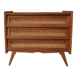 Vintage wooden and rattan chest of drawers in the 60s