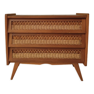 Vintage wooden and rattan chest of drawers in the 60s