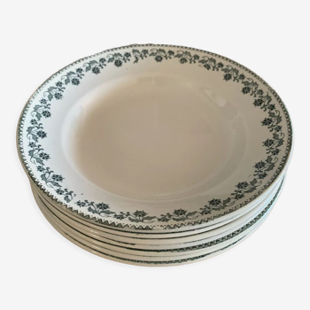 7 assiettes creuses terre de fer collection georgette de moulin des loups et hamage france. joli motif floral vert. quelques traces du temps mais reste tout de meme en tres bon etat