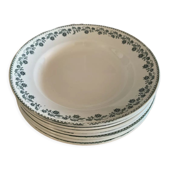 7 assiettes creuses terre de fer collection georgette de moulin des loups et hamage france. joli motif floral vert. quelques traces du temps mais reste tout de meme en tres bon etat