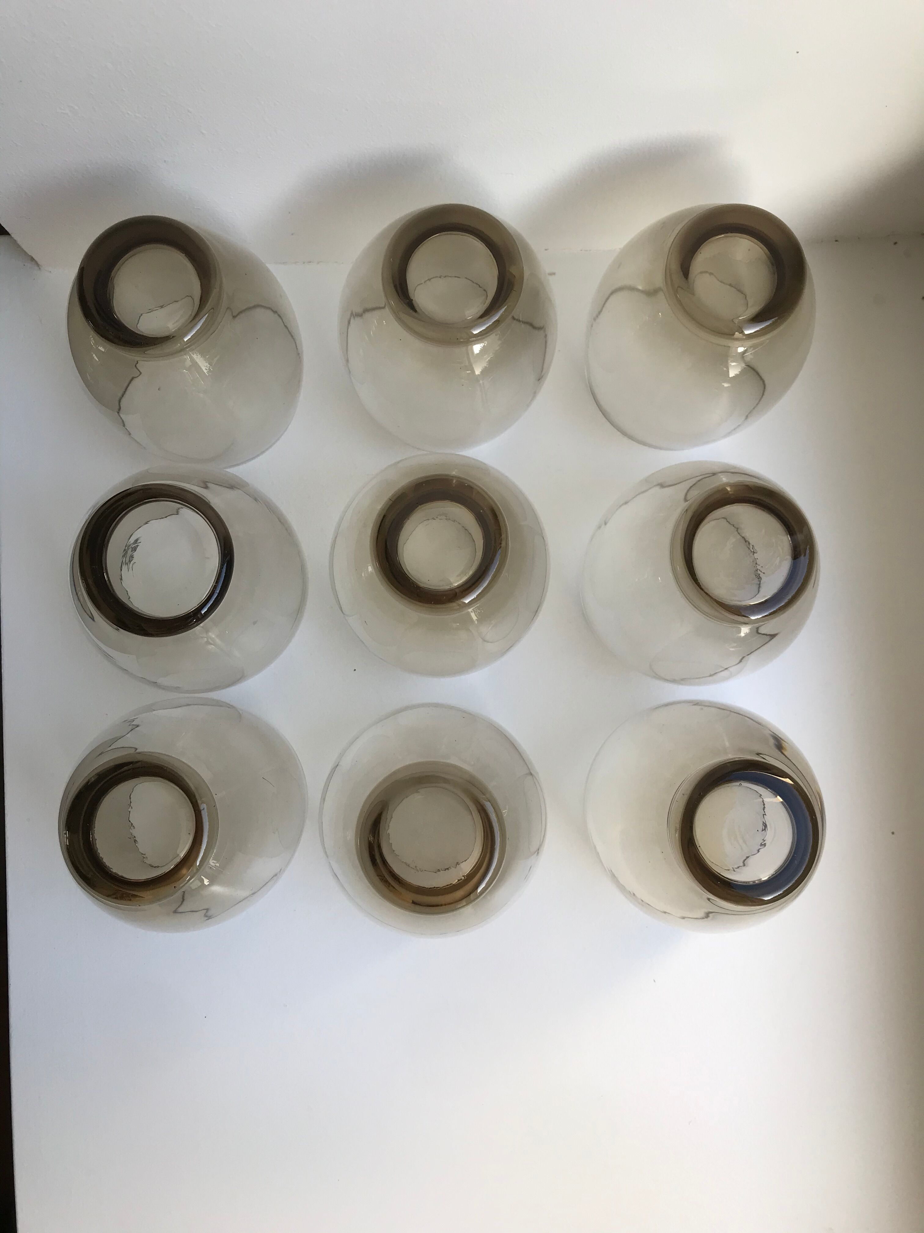 Set of 9 large design art deco smoked glass water glasses 30s