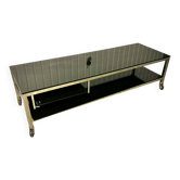 Table basse design vintage chrome et verre fumé noir sur roulettes