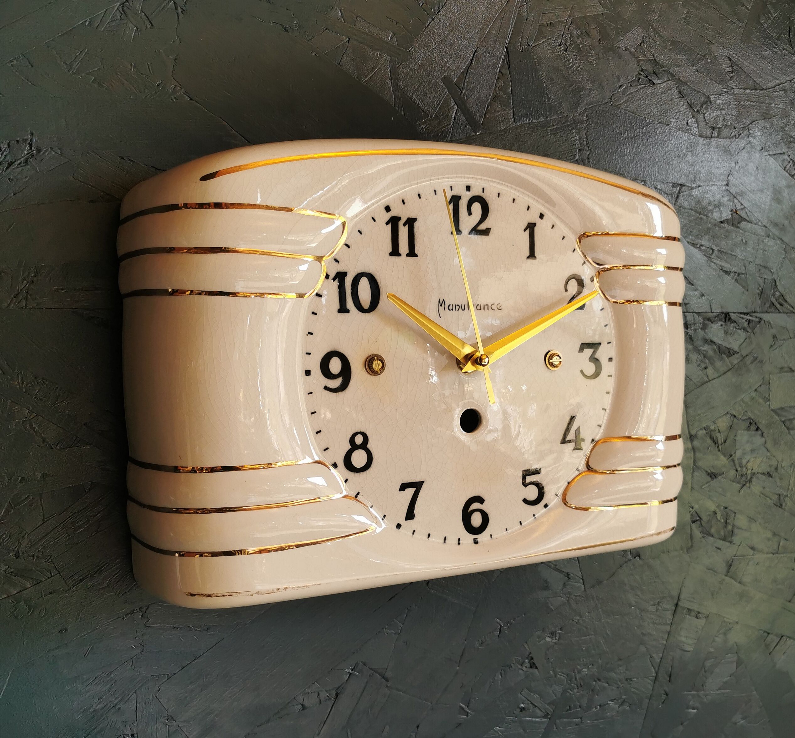 Vintage ceramic clock silent rectangular wall clock "Manufrance golden white"