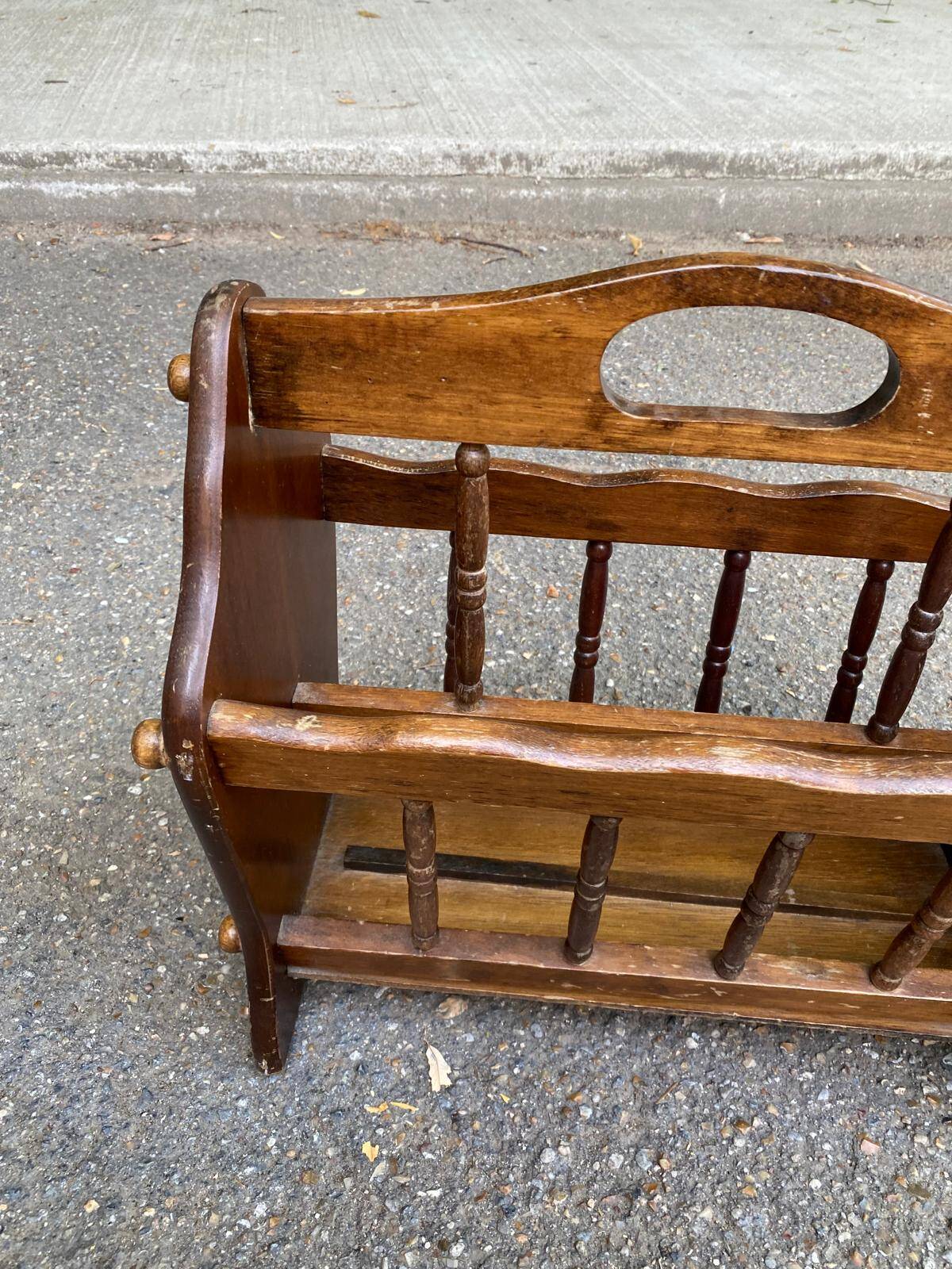Vintage magazine rack, solid wood document holder with handle