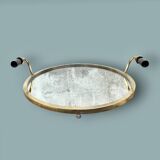 Oval wall mirror in gilded brass with double sconces – 1950s/60s