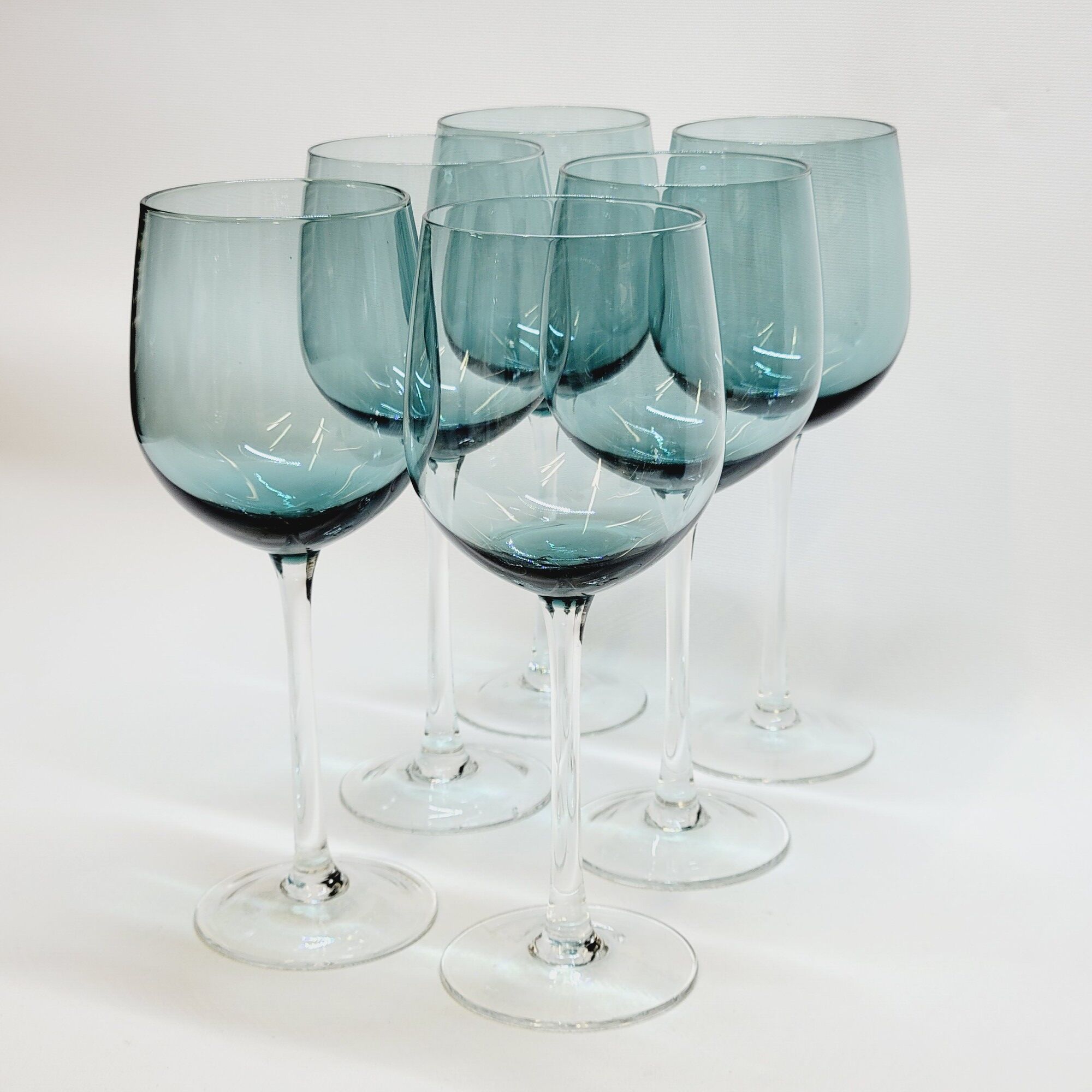 6 Large Wine or Water Balloon Glasses in Petrol Blue Color Blown Glass