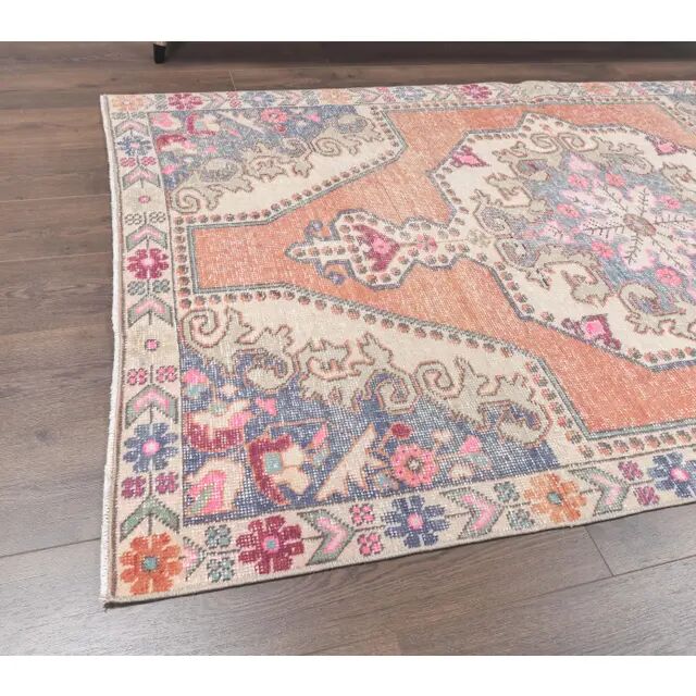 Vintage Turkish hand-knotted geometric runner 132x221