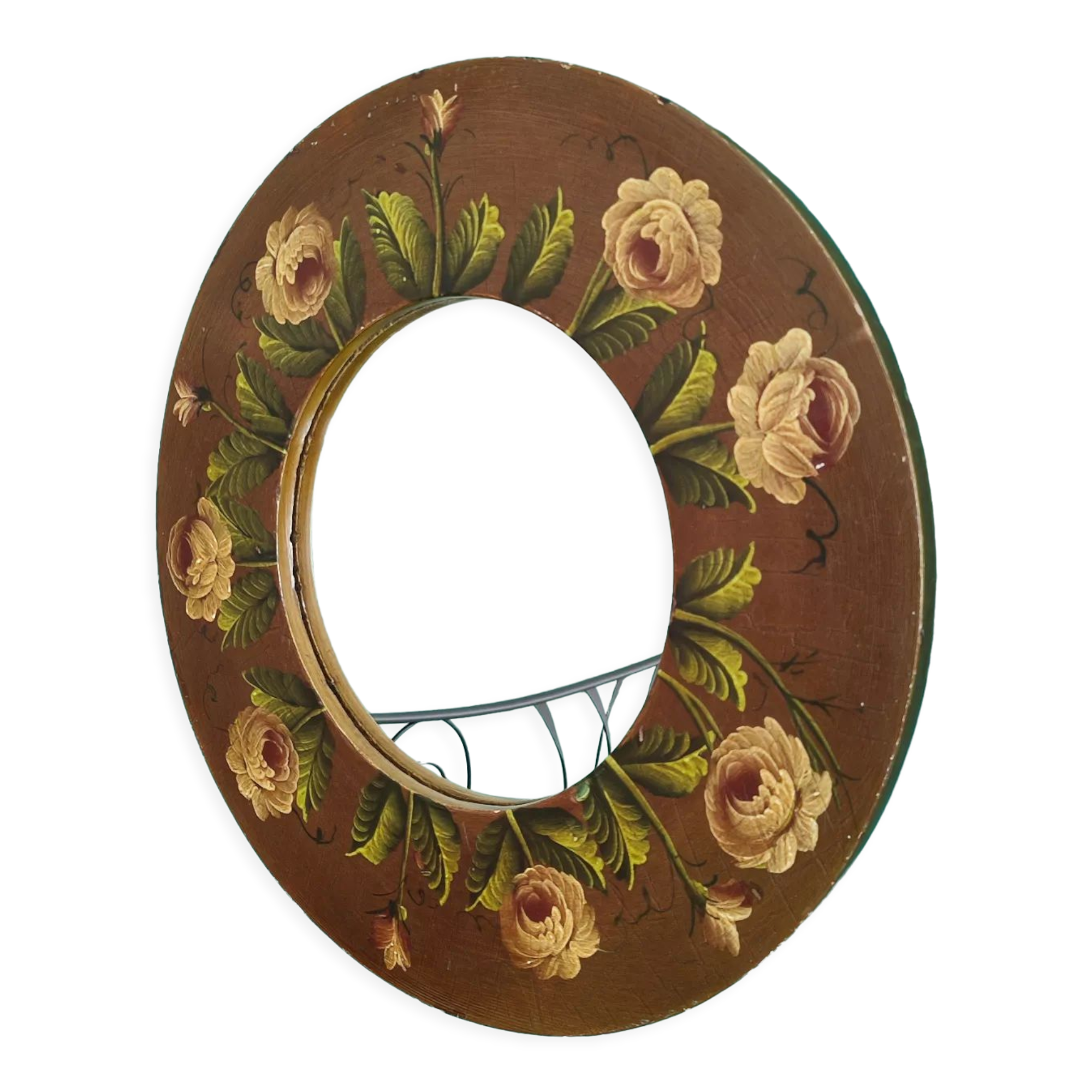 Vintage hand painted wooden round wall mirror