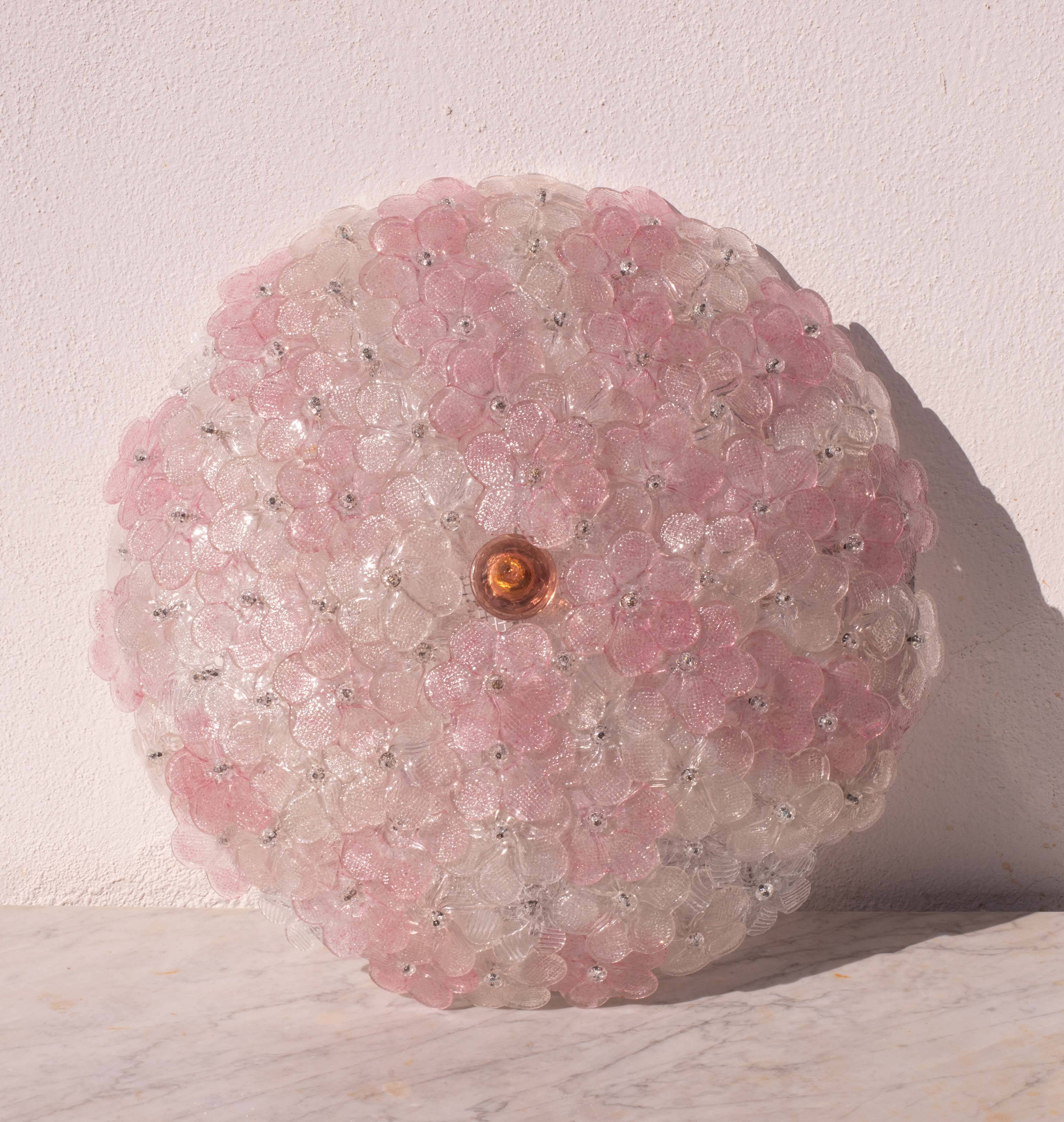 Charming Large Size Murano Ceiling Light Pink Flower by Seguso for Venini,