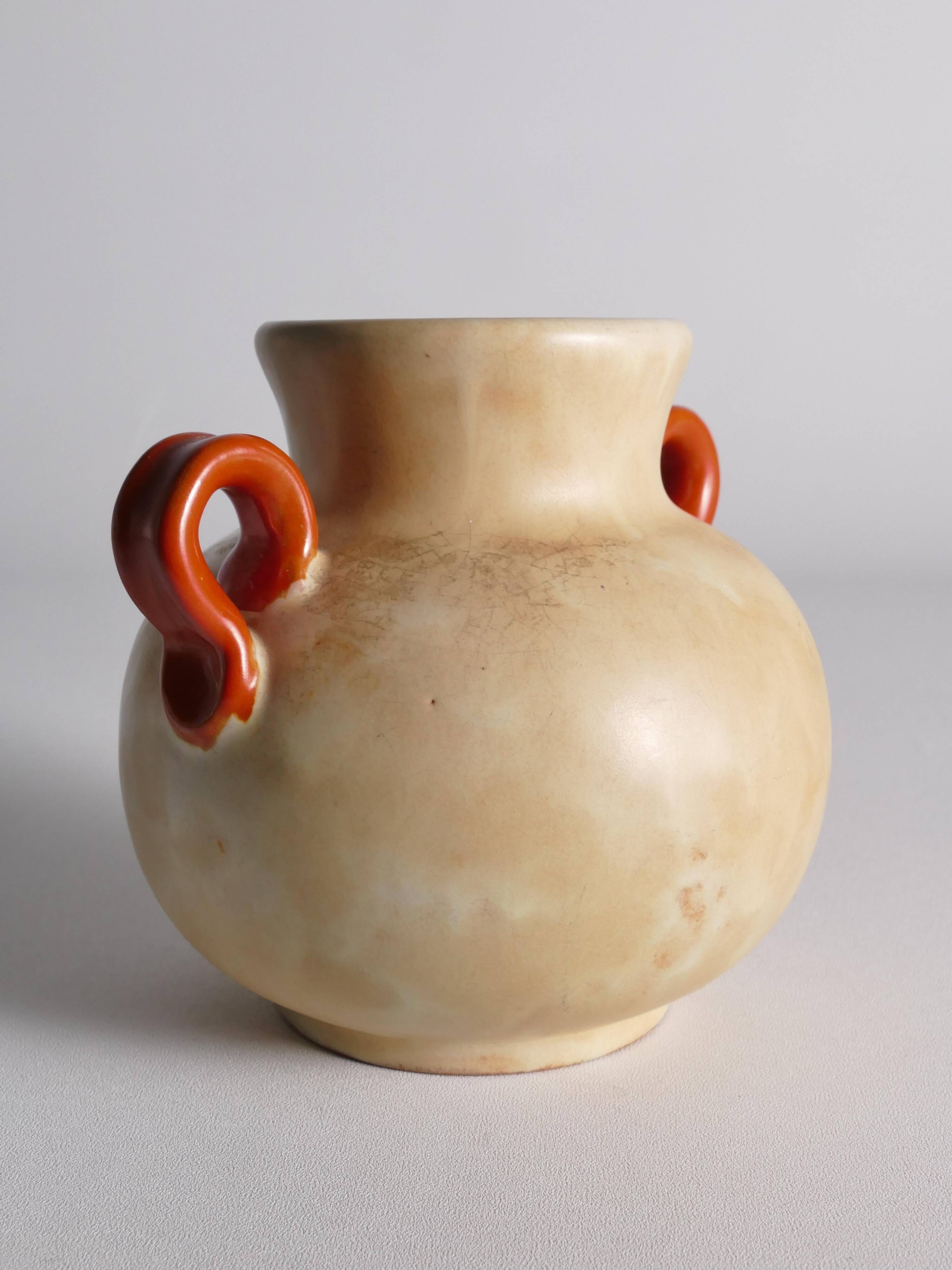 Art Deco Ceramic Beige Vase with Red Handles by Anna-Lisa Thomson, Upsala Ekeby