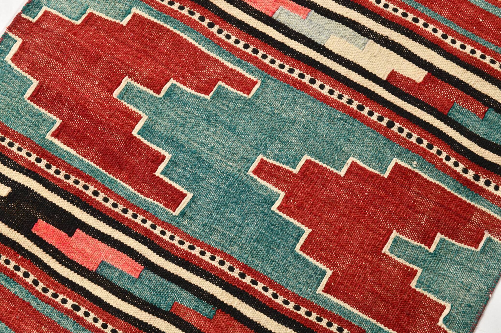 2x13 Green & Red Stair Kilim Runner Rug, 72x387Cm