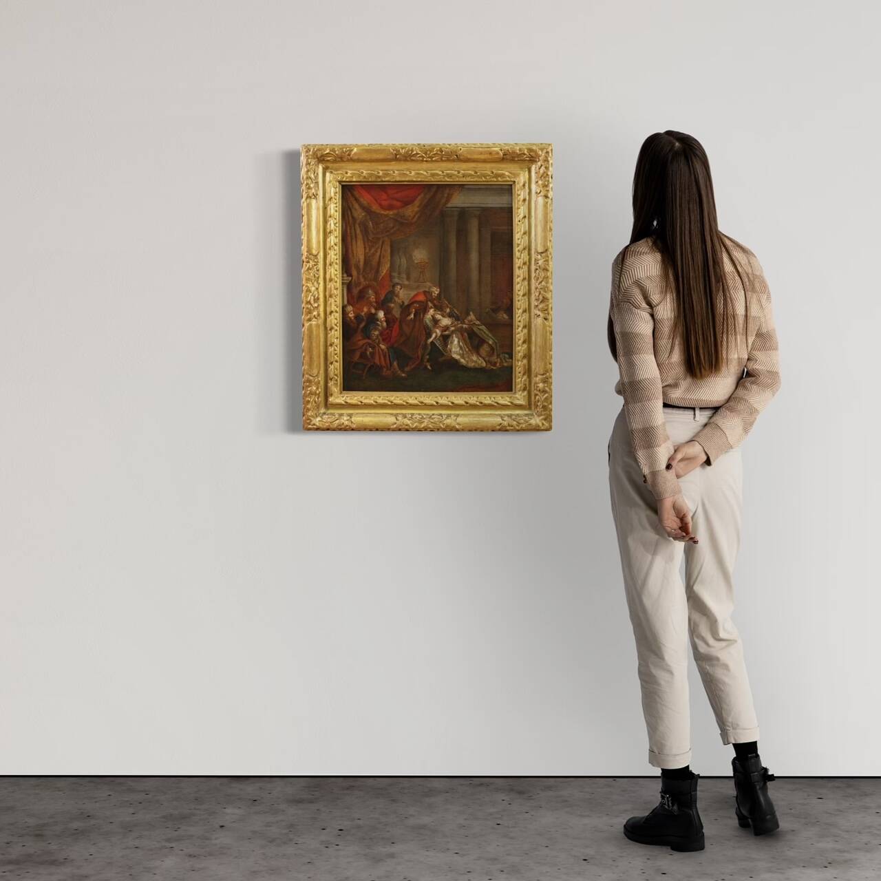 Antique painting from the 18th century, Esther fainting before Ahasuerus