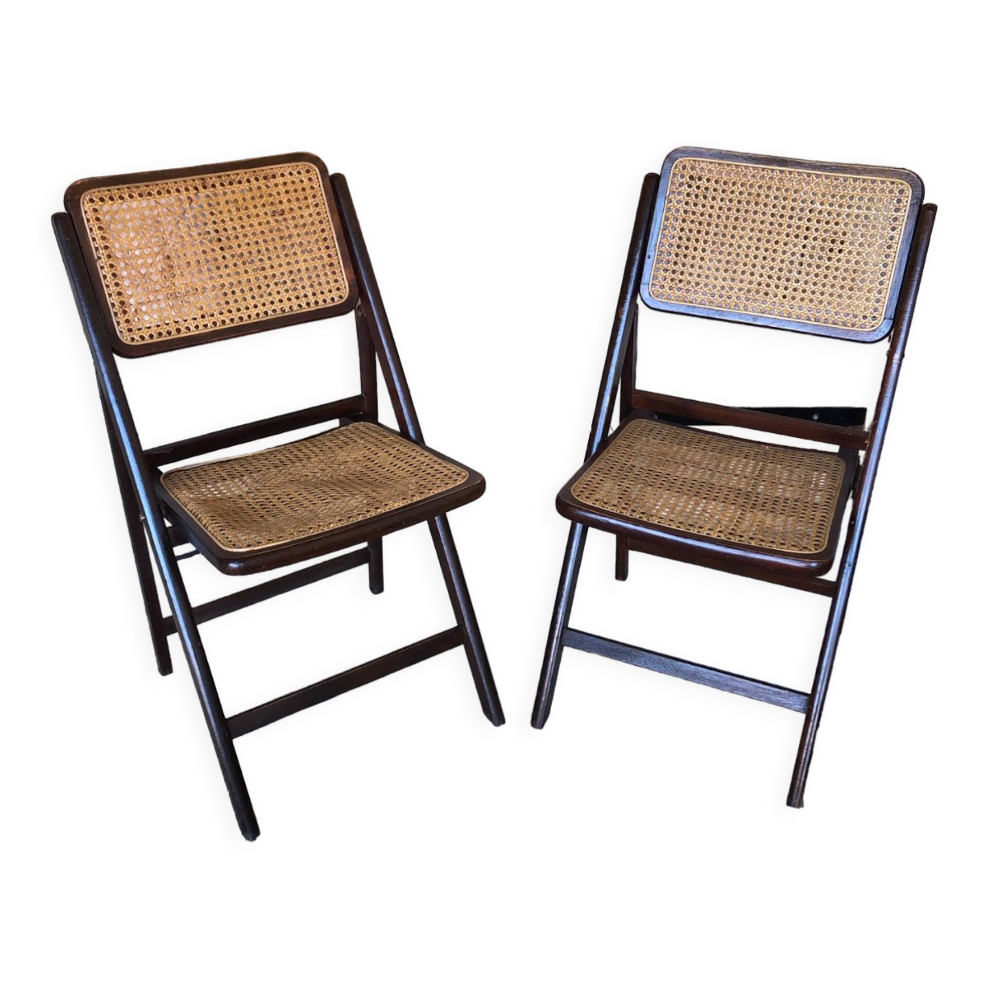 Pair of wood folding chair and vintage cannage #a084
