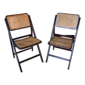 Pair of wood folding chair and vintage cannage #a084