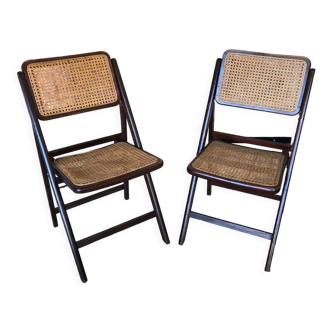 Pair of wood folding chair and vintage cannage #a084