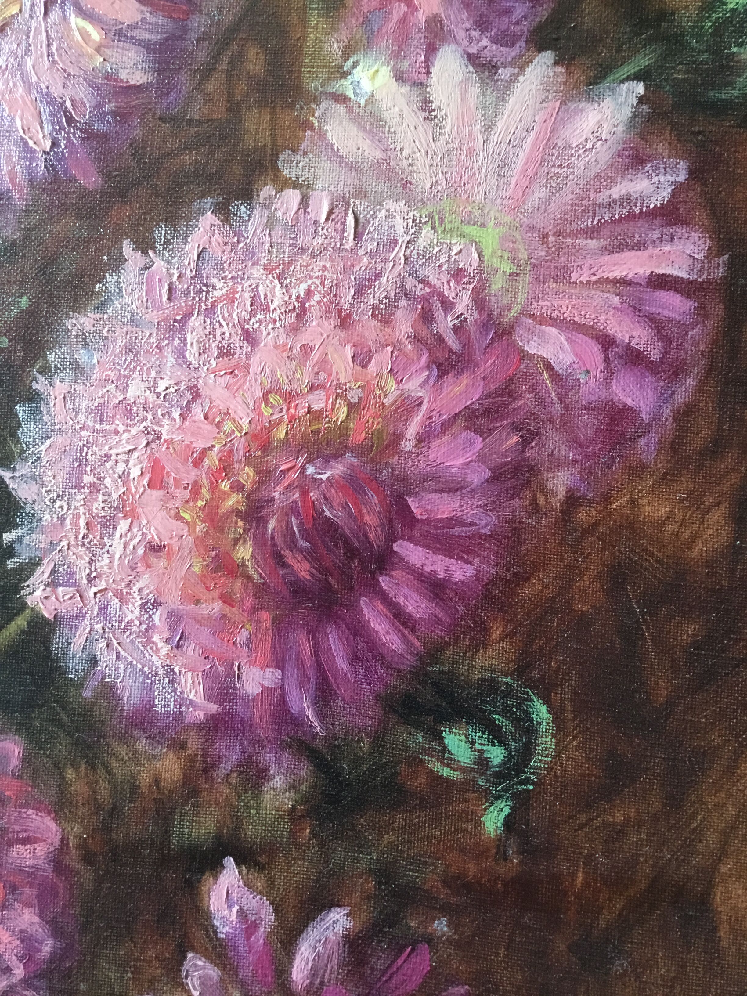 Huile sur toile « Dahlias »