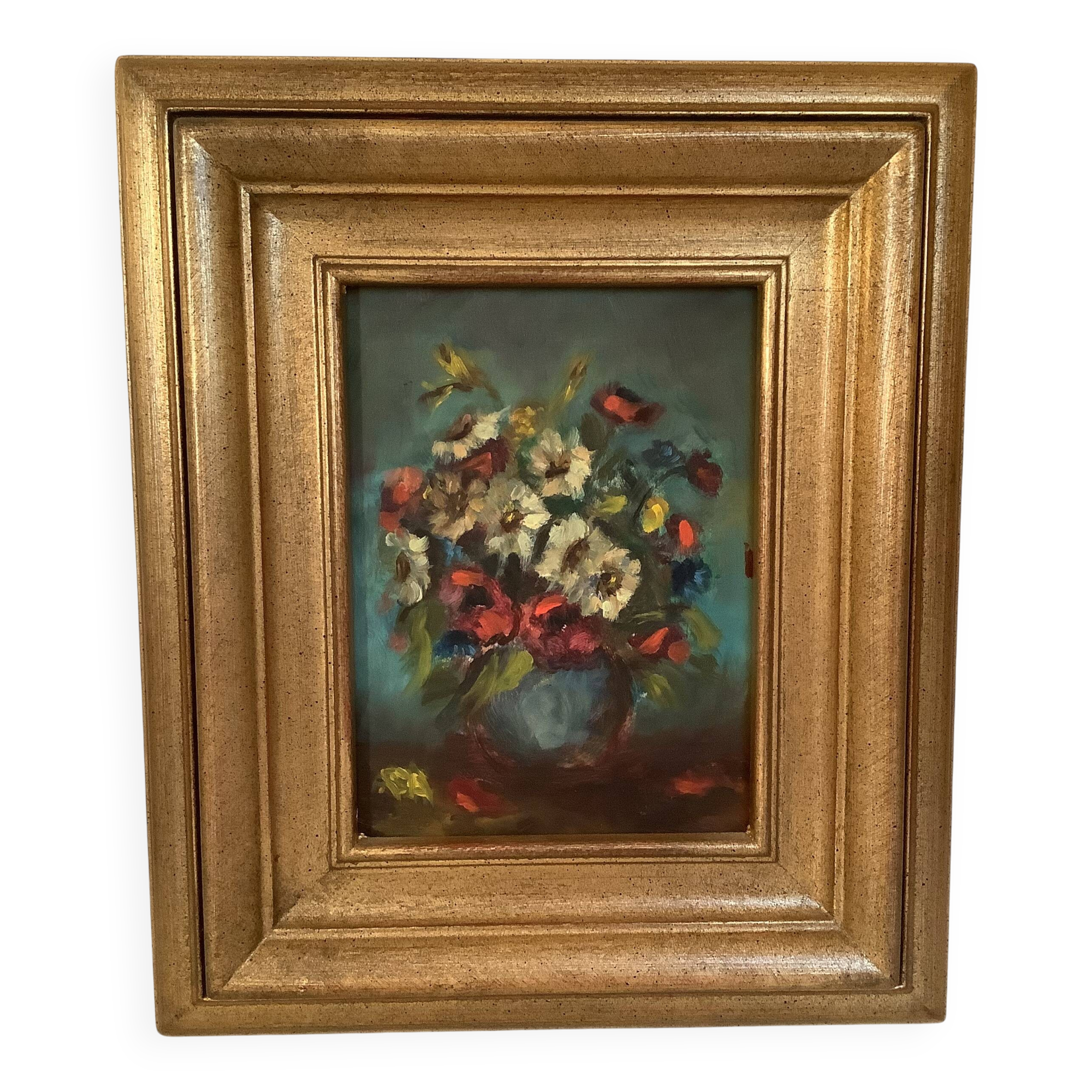 Still life of a bouquet of flowers, oil on cardboard.