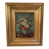 Still life of a bouquet of flowers, oil on cardboard.