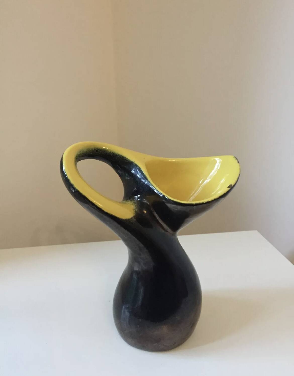Vintage 1950s black and yellow ceramic vase in the Vallauris style